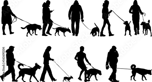 Set silhouette of people and dog on a white background