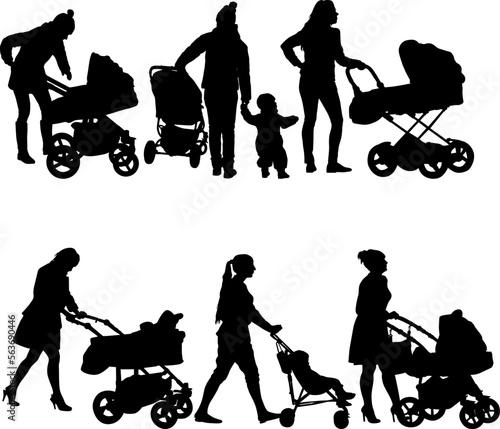 Set silhouettes walkings mothers with baby strollers on a white background