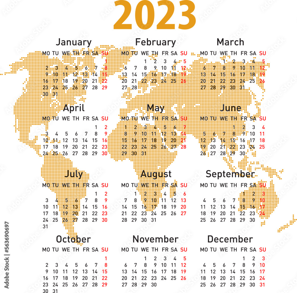 Naklejka premium Calendar 2023 with world map. Week starts on Monday