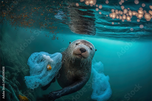 Sea Otter's Plight - The Devastating Impact of Plastic Pollution on Our Marine Wildlife. AI generated picture.