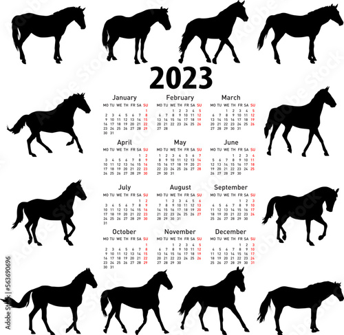 Calendar for 2023 of horse silhouettes isolated on white background