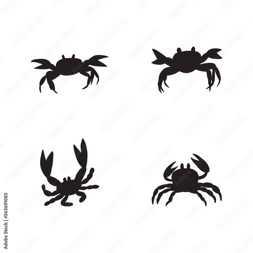 Black silhouette crab on a white background. Vector hand drawn kids illustration. Sea ocean. Underwater world