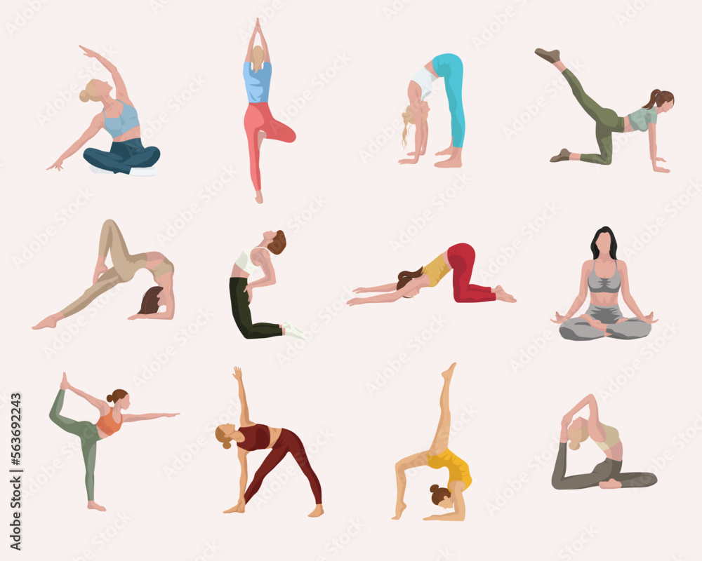 12 yoga positions in faceless style. Collection of young women performing yoga, demonstrating different poses on isolated light background 12 yoga positions in faceless style. Collection of young women performing yoga, demonstrating different poses on isolated light background