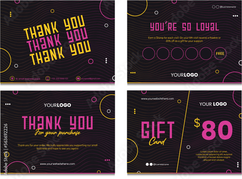 Small business cards collection. Thank you card, loyalty card and gift card editable template. Black background with gradient linear waves and neon circles. Thanks for your purchase text. 