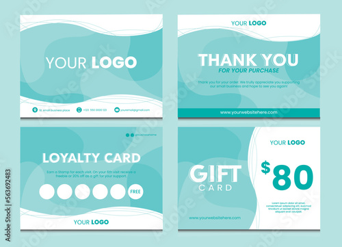 Small business cards collection. Thank you card, loyalty card and gift card editable template.Turquoise and white wavy background. Thanks for your purchase text. Modern vector illustration © Catherine