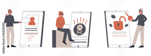 Internet scam phishing. Cyber hacker attack, online cyber crime, computer security, personal data protection flat vector illustration set