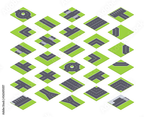 Isometric city roads constructor. Urban asphalt road tiles, street roads and crossroads, twists and traffic circles 3d vector illustration set on white background