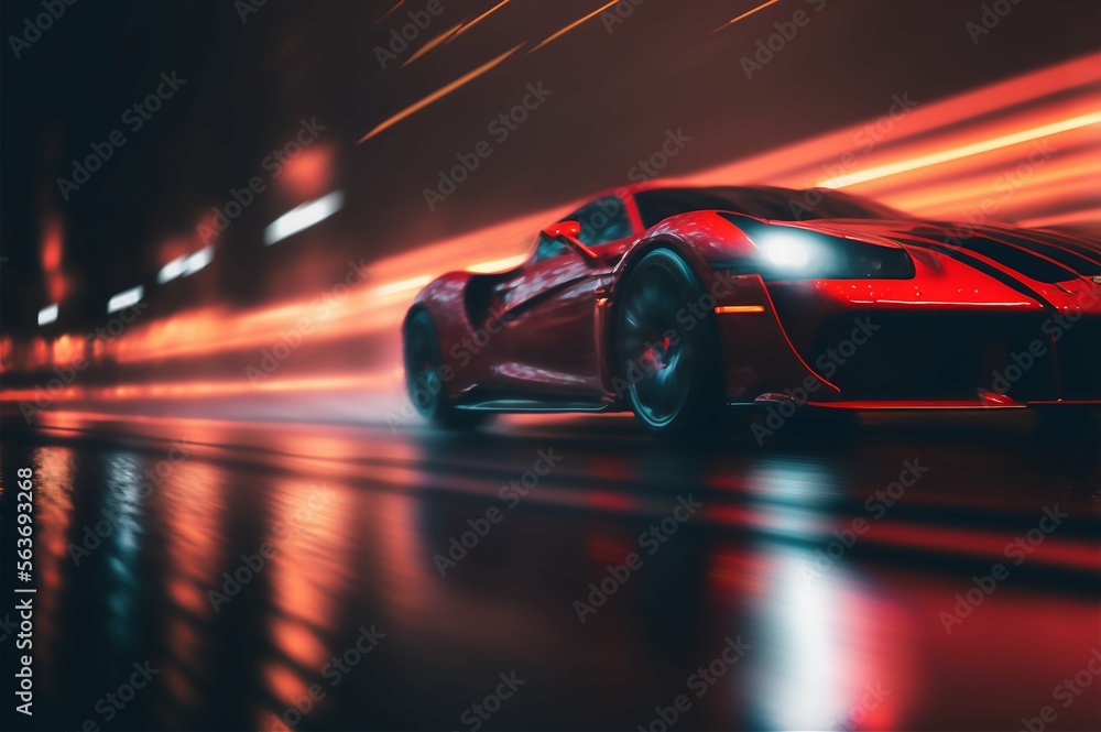 Moving red sports car in a night city with lighting in rainy weather. Expensive car front view