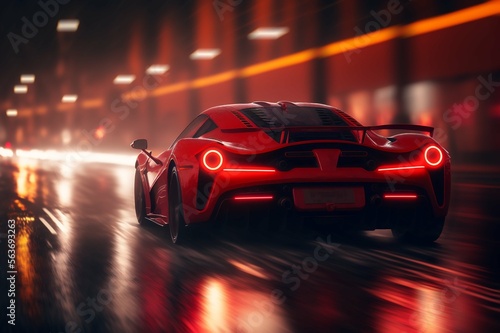 Red sports car in a rainy city at night with street lighting. Car rear view. luxury car