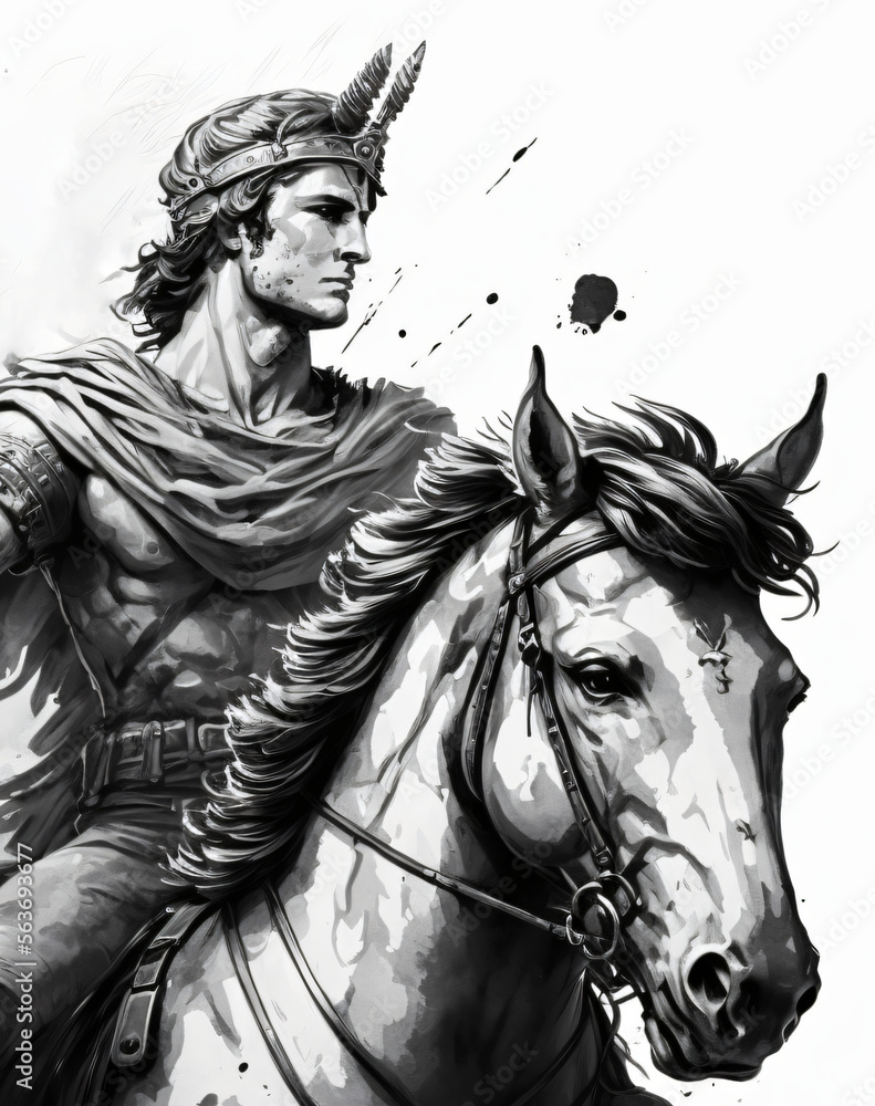 black and white illustration of alexander the great mounting his horse ...