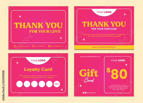 Small business cards collection. Thank you card, loyalty card and gift card editable template. Pink and yellow color with halftone pattern background. Thanks for your purchase text. Modern vector 