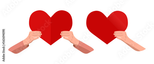 Hands holding red hearts vector illustration isolated on white background. Give and share your love, charity and donation concept. Valentine's day template