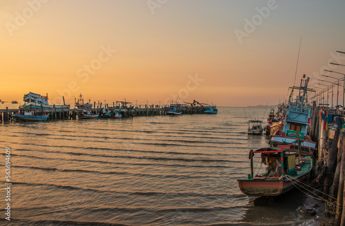 Fisherman boats at the Fishing Pier of Bang Saray in Thailand Asia