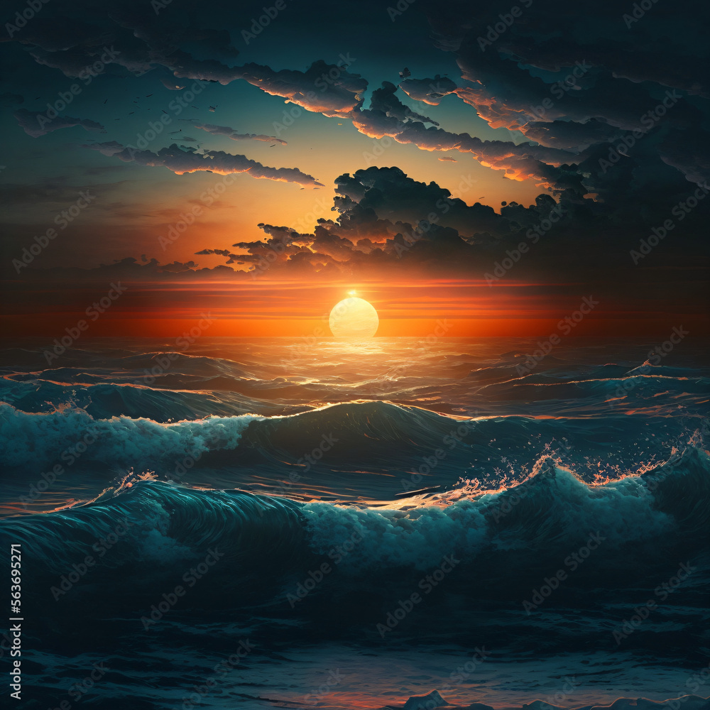 illustration of a sunset in the ocean with an orange and red sky full of clouds Generative Ai