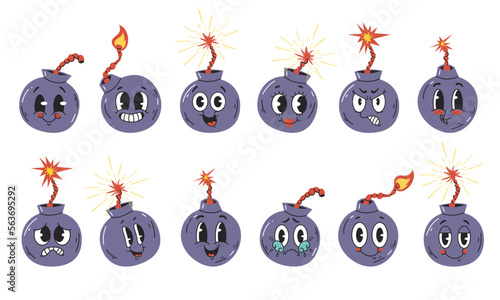 Bomb characters maskot best friends print with different emotions and face expressions. Military explosive weapon concept set. Vector cartoon graphic design element illustration