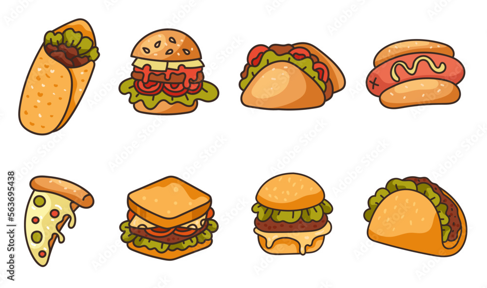 Fast street food burger, pizza, sandwich, taco isolated set. Doodle line art style concept set. Vector cartoon graphic design element illustration Fast street food burger, pizza, sandwich, taco isolated set. Doodle line art style concept set. Vector cartoon graphic design element illustration