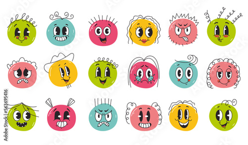 Face colorful round circle characters mascot with different emotions and expressions. Doodle line art style concept set. Vector cartoon graphic design element illustration