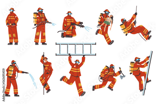 Firefighter characters maskot isolated set. Fireman workers wearing uniform. Rescue equipment and emergency work concept. Vector cartoon graphic design element illustration