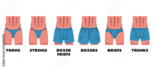 Man underwear types wearing on body model. Underpants infographic isolated on white background set. Doodle line art style concept set. Vector cartoon graphic design element illustration