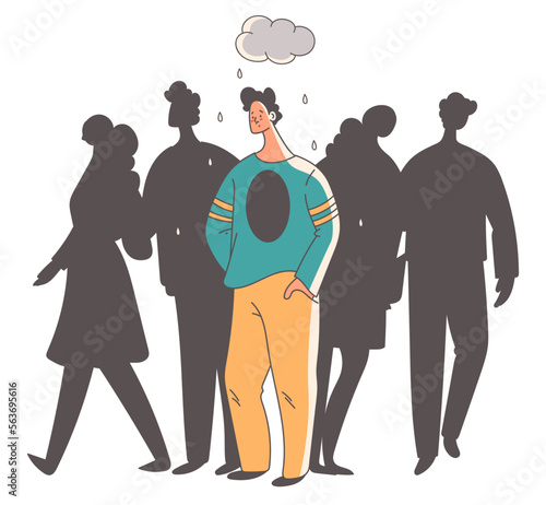 People man woman characters feeling loneliness anxiety disorder in crowd. Mental psychological burnout problems concept. Vector cartoon graphic design element illustration