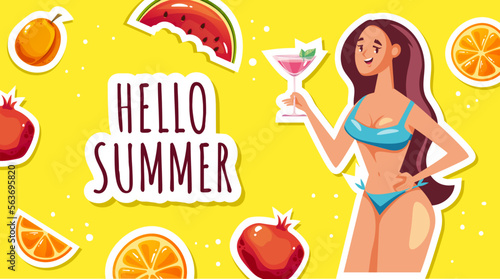Hello summer bunner poster cover flyer concept. Vector cartoon graphic design element illustration photo