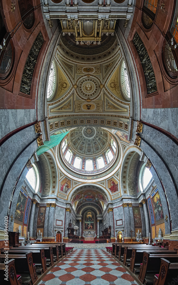 Esztergom, Hungary. Vertical panorama of interior of Esztergom Basilica. The Primatial Basilica of the Blessed Virgin Mary Assumed Into Heaven and St Adalbert was built in 1822-1869.