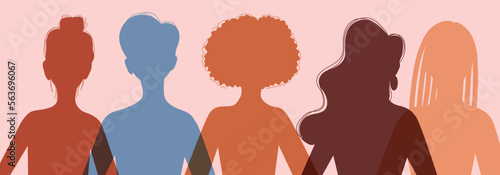 Diverse women silhouette. Feminist illustration. International women's day. Concept for equality, activism. Various women standing together. Girl power. Colorful silhouettes of female heads.