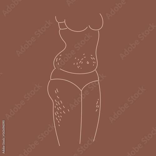Plus size woman with stretch marks on legs and her belly. Body positive. Line art. Female body