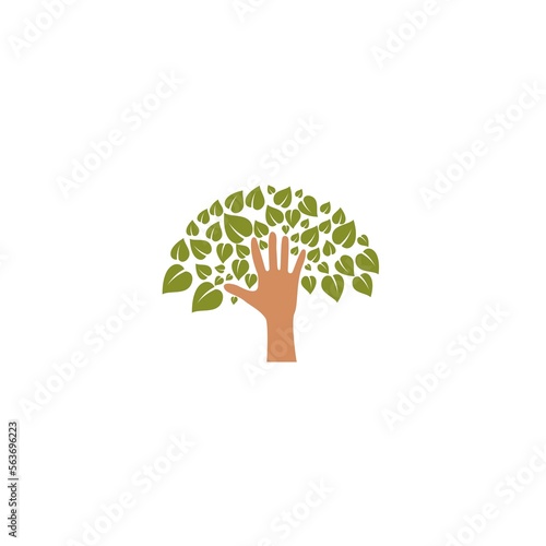 Human hand and tree with green leaves icon isolated on white background