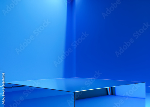 Generative AI blue podium with blue background. Blue product background stand or podium pedestal on advertising display with blank backdrops.