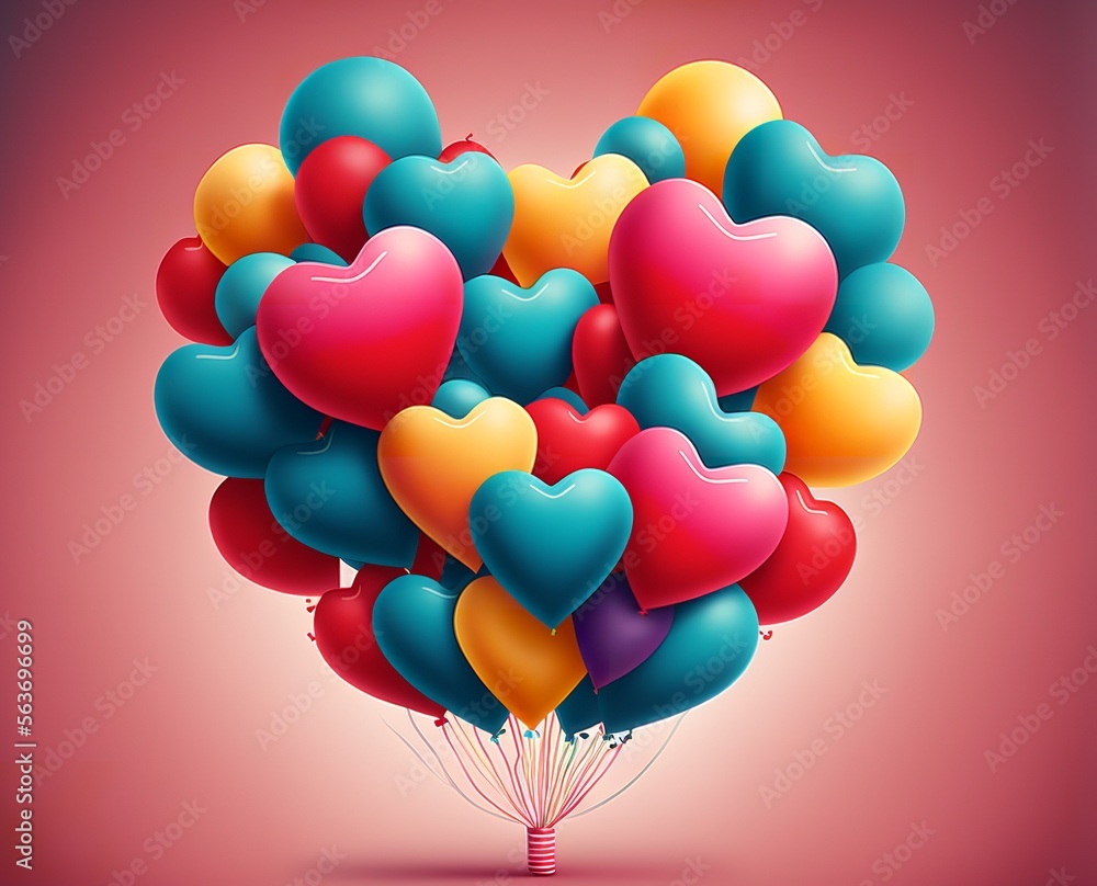 Heart balloons are in the air, on a pink background, Valentine's Day Illustration, Generative AI