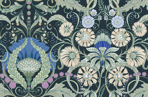 Decorative flowers and leaves in art nouveau style, vintage, old, retro style. Seamless pattern, background. Vector illustration.