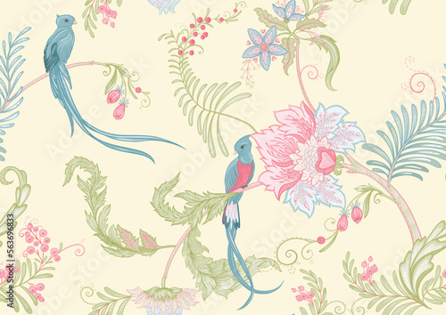 Fantasy flowers with bird of paradise quezal  in retro  vintage  jacobean embroidery style. Seamless pattern  background. Vector illustration.