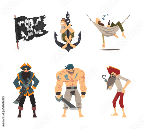 Man Pirate or Buccaneer Character as Marine Robber Vector Set