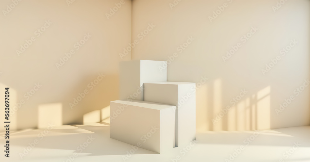 Fototapeta premium Generative AI white podium with yellow background. Abstract geometric shape in yellow color for product podium presentation background. Art and Color concept.
