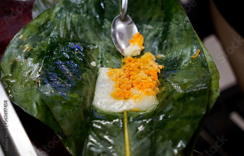 Traditional Flat Steamed Rice Dumplings with minced shrimp of Hue city, Vietnam                               