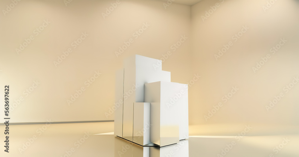 Fototapeta premium Generative AI white podium with yellow background. Abstract geometric shape in yellow color for product podium presentation background. Art and Color concept.