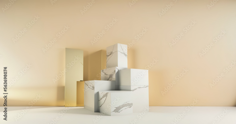 Generative AI white podium with yellow background. Abstract geometric shape in yellow color for product podium presentation background. Art and Color concept.