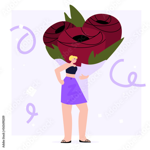 Young woman with giant red rose in hand. Vector illustration for postcard, banner. Flat style design concept with flower for internationals women’s day. photo