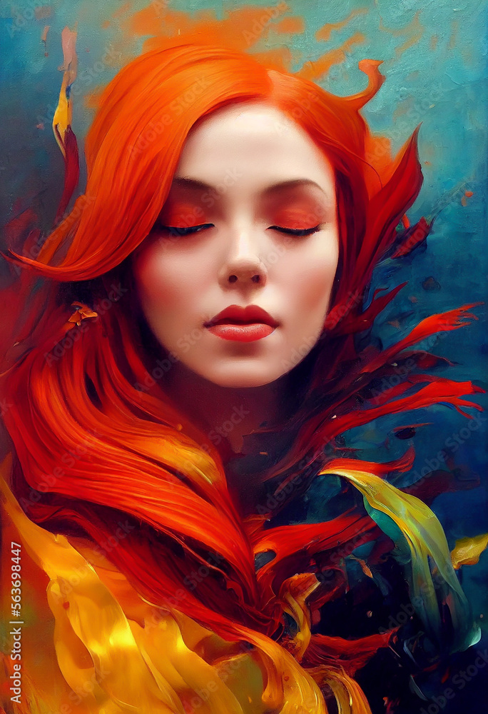 Portrait of a beautiful woman wiht colorful oil painting hair