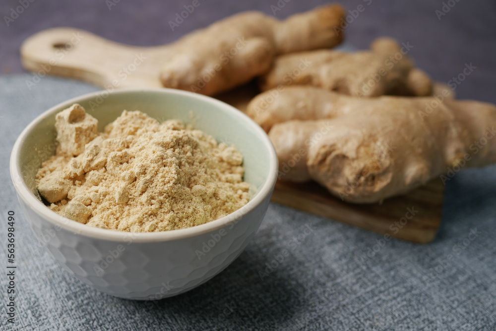 Close up of Gingers powder in a bowl on table Close up of Gingers powder in a bowl on table