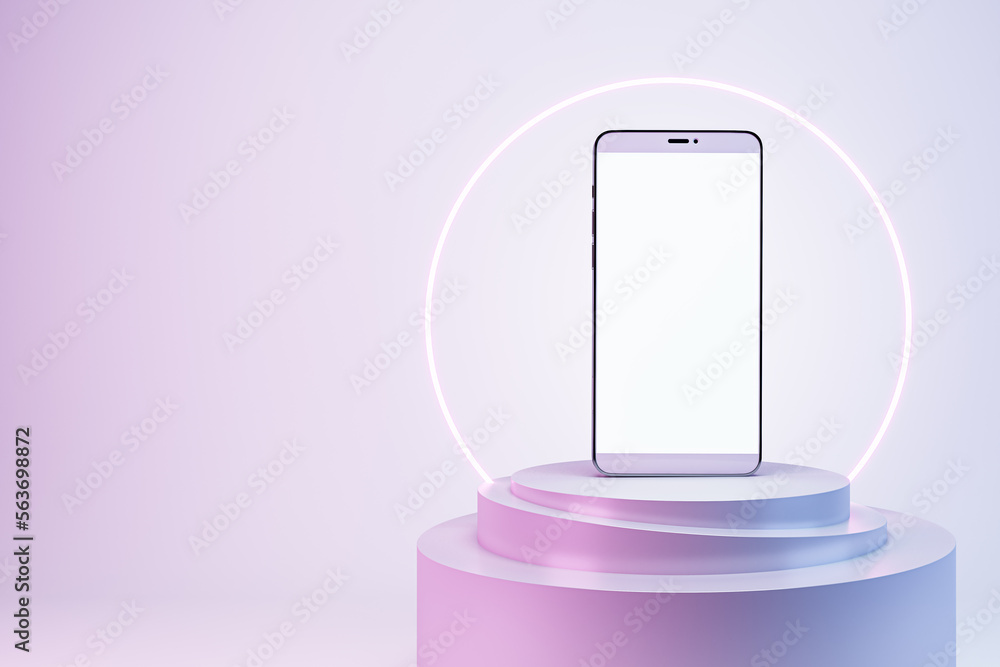 Empty white smartphone with creative glowing round banner and mock up place on screen. Advertisement and fashion concept. 3D Rendering. Empty white smartphone with creative glowing round banner and mock up place on screen. Advertisement and fashion concept. 3D Rendering.