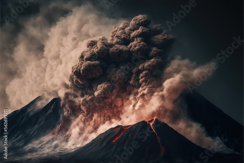 Vászonkép a large plume of smoke billows from a volcano in the sky above a mountain range with a plume of smoke rising from the top of the mountain, and the top of the mountain