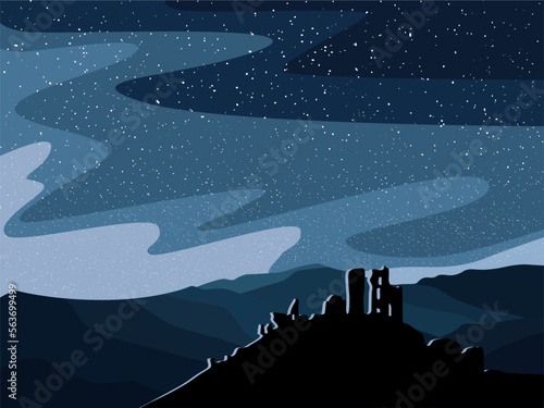 Fototapeta Night starry mountain landscape with a silhouette of the castle ruins