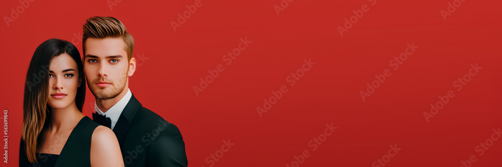 Couple on red valentine background with place for product placement. Panorama. Generative AI. Couple on red valentine background with place for product placement. Panorama. Generative AI.