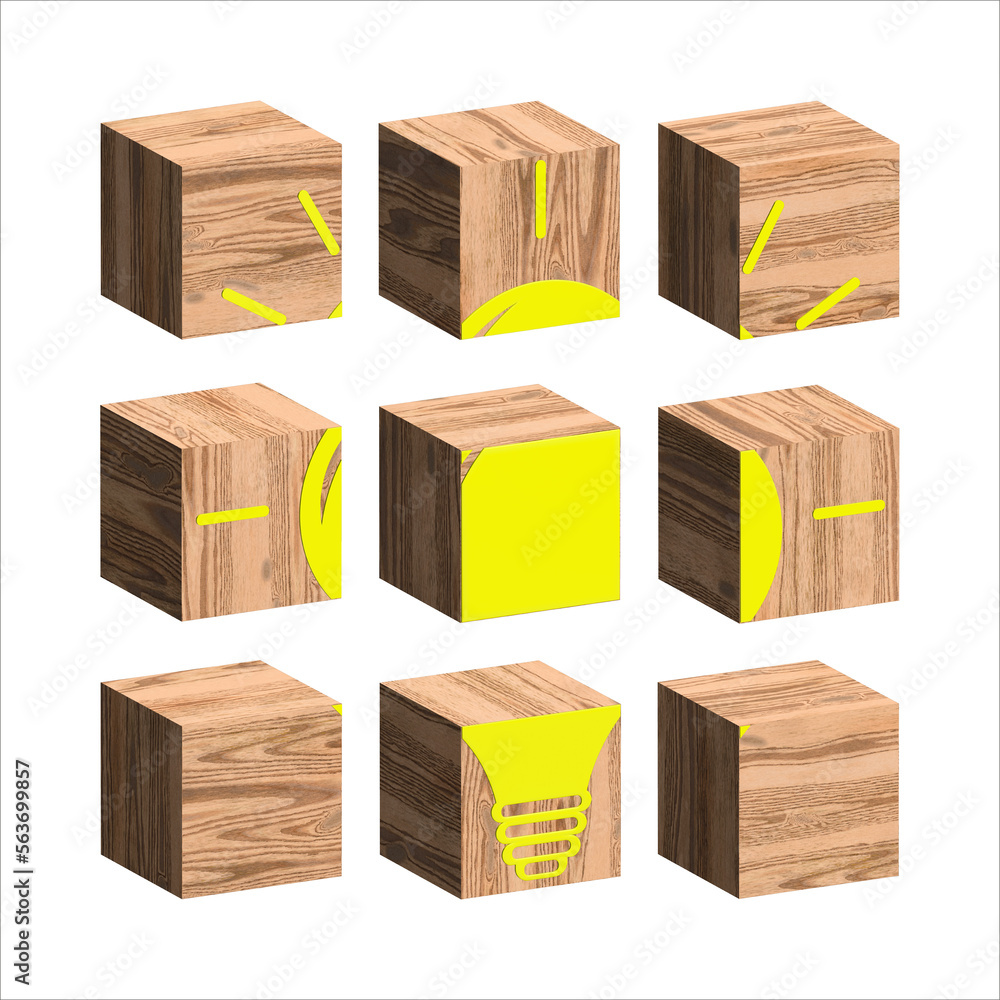 Wooden cubes with yellow lamp. Solving problems in business. Innovation and teamwork in company. Creative bright idea brainstorming concept. Searching for solutions, innovation. 3d illustration Wooden cubes with yellow lamp. Solving problems in business. Innovation and teamwork in company. Creative bright idea brainstorming concept. Searching for solutions, innovation. 3d illustration