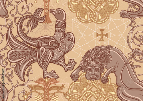 Byzantine traditional historical motifs of animals, birds, flowers and plants. Seamless pattern in kraft and beige colors. Vector illustration.