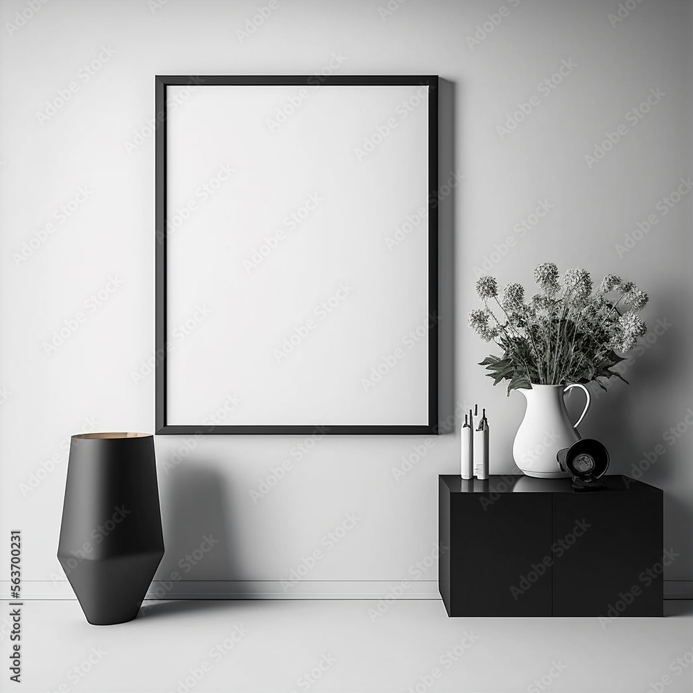 Black empty frame mockup on the white wall,3D rendering.Created with generative AI