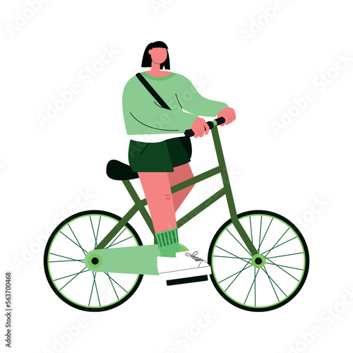  Young woman rides a bicycle. The concept of a healthy lifestyle. Colorful vector illustration in flat style