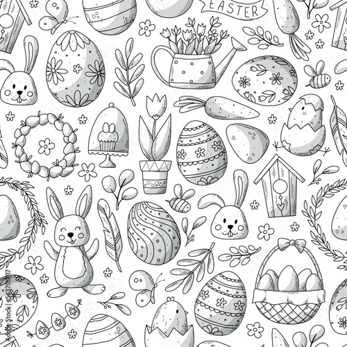 Canvas Print Easter seamless pattern with monochrome doodles for kids coloring pages, textile prints, wallpaper, backgrounds, wrapping paper, scrapbooking, etc